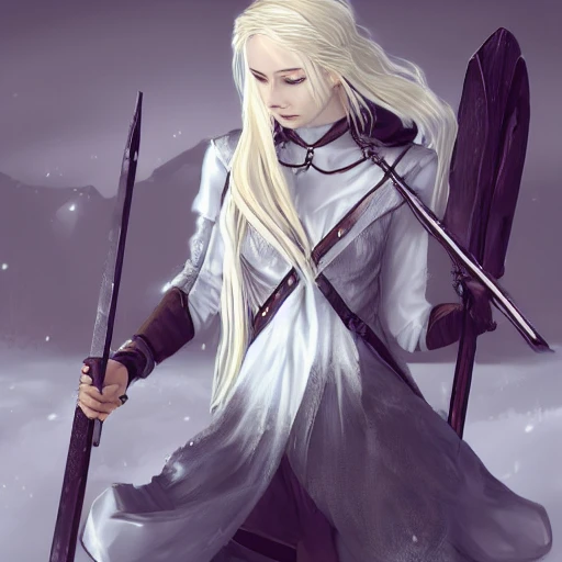 mdjrny-v4 style, artstation, pixiv, {{{nordic blonde fantasy rpg maiden holding a spear}}}, simple solid color background, highly detailed, {{hyperrealistic full body portrait of woman from scandinavia}}, wearing jewelry, {{wearing white light medieval leather clothing}}, magic, 1woman, gorgeous anime woman, illustrated, eye makeup, long natural hair, grim and gothic, perfect anatomy, beatiful and detailed eyes, sharp focus, beautiful eyes, strong colors, even lighting, guard stance, simple solid background, {{in style of fire emblem the videogame}}, in style of hades the videogame, very thick black outlines, cartoony, in style of marvel comics, painted with ink, {very blunt borders}, adult cartoon, character concept art,  by HACCAN, by Kita Senri, by Suzuki Rika, by azu-taro, comic book cover style