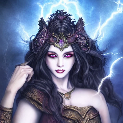 {{{fantasy powerful thunder goddess of hell}, casting lightning spell with her hands, highly detailed, {hyperrealistic full body portrait of feminine demon}, overflowing energy, wearing long medieval dress, wearing medieval armor, wearing jewelry, illustrated, long hair, beautiful and detailed eyes, busty, voluptous body,  mysterious and seductive look, sharp focus, elegant, volumetric lighting, smooth, in style of hades videogame, thick black outlines, cartoony, anime, art by artgerm, art station, character art