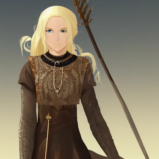 mdjrny-v4 style, artstation, pixiv, {{{nordic blonde fantasy rpg maiden holding a spear}}}, simple solid color background, highly detailed, {{hyperrealistic waist up portrait of woman from scandinavia}}, wearing jewelry, {{wearing medieval linen dress}}, magic, 1woman, gorgeous anime woman, illustrated, eye makeup, natural hair, grim and gothic, perfect anatomy, beatiful and detailed eyes, sharp focus, strong colors, even lighting, guard stance, simple solid background, {{in style of fire emblem the videogame}}, in style of hades the videogame, very thick black outlines, cartoony, in style of marvel comics, painted with ink, {very blunt borders}, adult cartoon, character concept art,  by HACCAN, by Kita Senri, by Suzuki Rika, by azu-taro, comic book cover style