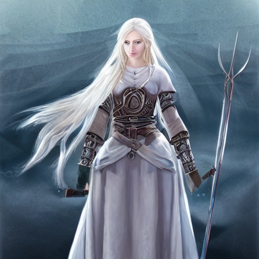 mdjrny-v4 style, artstation, pixiv, {{{nordic blonde fantasy rpg maiden holding a spear}}}, simple solid color background, highly detailed, {{hyperrealistic waist up portrait of woman from scandinavia}}, wearing jewelry, {{wearing medieval white linen dress}}, light shoulder armor, magic, 1woman, gorgeous anime woman, illustrated, eye makeup, natural hair, grim and gothic, perfect anatomy, beautiful and detailed eyes, sharp focus, strong colors, even lighting, guard stance, simple solid background, {{in style of fire emblem the videogame}}, in style of hades the videogame, very thick black outlines, cartoony, in style of marvel comics, painted with ink, {very blunt borders}, adult cartoon, character concept art,  by HACCAN, by Kita Senri, by Suzuki Rika, by azu-taro, comic book cover style