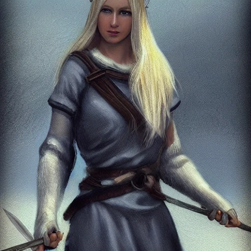 mdjrny-v4 style, artstation, pixiv, {{{nordic blonde fantasy rpg maiden holding a spear}}}, simple solid color background, highly detailed, {{hyperrealistic waist up portrait of woman from scandinavia}}, wearing jewelry, {{wearing medieval white linen dress}}, light shoulder armor, magic, 1woman, gorgeous anime woman, illustrated, eye makeup, natural hair, grim and gothic, perfect anatomy, beautiful and detailed eyes, sharp focus, strong colors, even lighting, guard stance, simple solid background, {{in style of fire emblem the videogame}}, in style of hades the videogame, very thick black outlines, cartoony, in style of marvel comics, painted with ink, {very blunt borders}, adult cartoon, character concept art,  by HACCAN, by Kita Senri, by Suzuki Rika, by azu-taro, comic book cover style