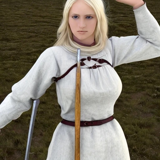 mdjrny-v4 style, artstation, pixiv, {{{nordic blonde fantasy rpg maiden holding a spear}}}, simple solid color background, highly detailed, {{hyperrealistic waist up portrait of medieval countryside woman from scandinavia}}, wearing jewelry, {{wearing medieval white linen dress}}, light under armor, magic, 1woman, gorgeous anime woman, illustrated, eye makeup, natural hair, grim and gothic, perfect anatomy, beautiful and detailed eyes, sharp focus, strong colors, even lighting, guard stance, simple solid background, {{in style of fire emblem the videogame}}, in style of hades the videogame, very thick black outlines, cartoony, in style of marvel comics, painted with ink, {very blunt borders}, adult cartoon, character concept art,  by HACCAN, by Kita Senri, by Suzuki Rika, by azu-taro, comic book cover style