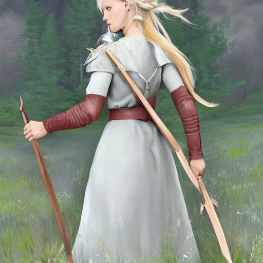 mdjrny-v4 style, artstation, pixiv, {{{nordic blonde fantasy rpg maiden holding a spear}}}, simple solid color background, highly detailed, {{hyperrealistic waist up portrait of medieval countryside woman from scandinavia}}, wearing jewelry, {{wearing medieval white linen dress}}, light under armor, magic, 1woman, gorgeous anime woman, illustrated, eye makeup, natural hair, grim and gothic, perfect anatomy, beautiful and detailed eyes, sharp focus, strong colors, even lighting, guard stance, simple solid background, {{in style of fire emblem the videogame}}, in style of hades the videogame, very thick black outlines, cartoony, in style of marvel comics, painted with ink, {very blunt borders}, adult cartoon, character concept art,  by HACCAN, by Kita Senri, by Suzuki Rika, by azu-taro, comic book cover style