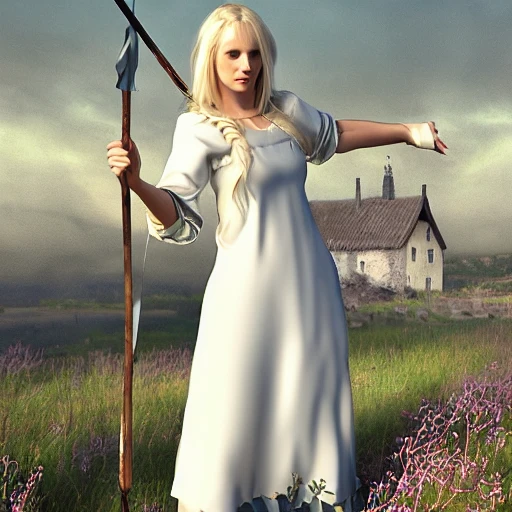 mdjrny-v4 style, artstation, pixiv, {{{nordic blonde fantasy rpg maiden holding a spear}}}, simple solid color background, highly detailed, {{hyperrealistic waist up portrait of medieval countryside woman from scandinavia}}, wearing jewelry, {{wearing medieval white linen dress}}, light under armor, magic, 1woman, gorgeous anime woman, illustrated, eye makeup, natural hair, grim and gothic, perfect anatomy, beautiful and detailed eyes, sharp focus, strong colors, even lighting, guard stance, simple solid background, {{in style of fire emblem the videogame}}, in style of hades the videogame, very thick black outlines, cartoony, in style of marvel comics, painted with ink, {very blunt borders}, adult cartoon, character concept art,  by HACCAN, by Kita Senri, by Suzuki Rika, by azu-taro, comic book cover style