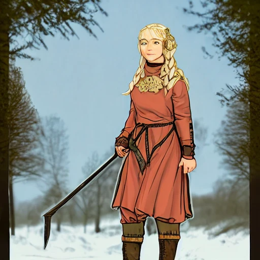 mdjrny-v4 style, artstation, pixiv, {{{nordic blonde fantasy rpg farm maiden holding a spear}}}, simple solid color background, highly detailed, {{hyperrealistic waist up portrait of medieval countryside woman from scandinavia}}, wearing jewelry, {{wearing medieval traditional Finnish national dress}}, light under armor, magic, 1woman, gorgeous anime woman, illustrated, eye makeup, natural hair, grim and gothic, perfect anatomy, beautiful and detailed eyes, sharp focus, strong colors, even lighting, guard stance, simple solid background, {{in style of fire emblem the videogame}}, in style of hades the videogame, very thick black outlines, cartoony, in style of marvel comics, painted with ink, {very blunt borders}, adult cartoon, character concept art,  by HACCAN, by Kita Senri, by Suzuki Rika, by azu-taro, comic book cover style