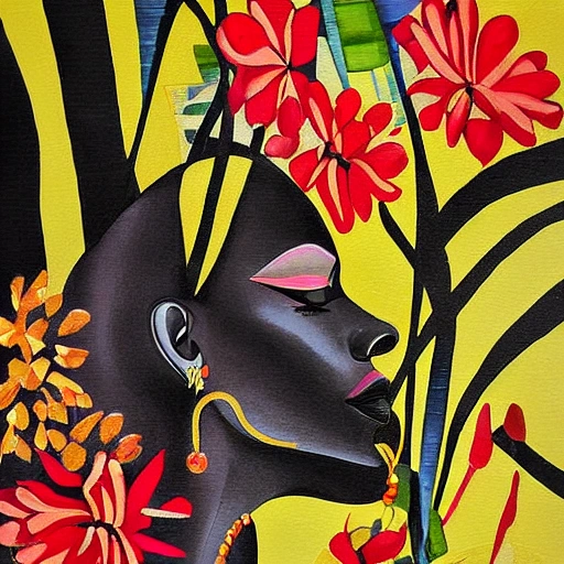 Abtract Art, , Black Art, african american art, african art, black woman art, abstract art, black decor, head exploding into tropical flowers luxury handbags, glamour rich jewellery, elegant high heel glamour shoes, , woman looks stunningly beautiful, elegant, rich skin tones, award winning painting, trending art, gallery standard, sharp, poster quality,neutral tones, boho art, pop art, 3D, Water Color, Oil Painting, Pencil Sketch