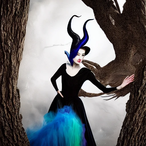 a stunning interpretation of a glamour portrait of young Enid Blyton looking like a witchy supermodel Maleficent, in the style of Marcin Nagreba and Tim Flach, wearing haute coture clothing, magic-based jewellery and lightning fascinator, outside a magical faraway tree as background, royal blue and cyan tones and dramatic light, no text, sharp focus, editorial portrait,, draves, Abtract  Art, , Black Art, african american art, african art, black woman art, abstract art, black decor, head exploding into tropical flowers luxury handbags, glamour rich jewellery, elegant high heel glamour shoes, , woman looks stunningly beautiful, elegant, rich skin tones, award winning painting, trending art, gallery standard, sharp, poster quality,neutral tones, boho art, pop art