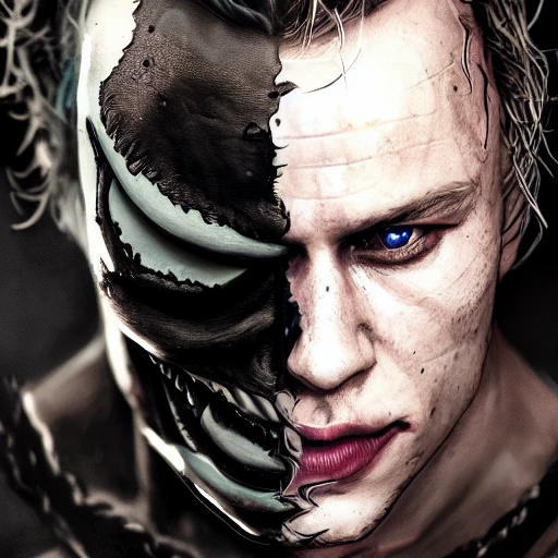 Heath Ledger half human half Venom movie character, accurate details, dramatic, intricate, elegant, highly detailed, digital painting, artstation, concept art, smooth, sharp focus, illustration, octane render, 