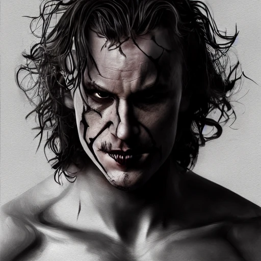 Heath Ledger half human half Venom movie character, accurate details, dramatic, intricate, elegant, highly detailed, digital painting, artstation, concept art, smooth, sharp focus, illustration, octane render, 