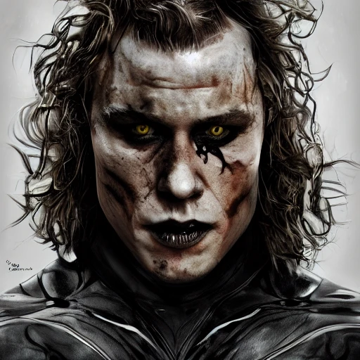 Heath Ledger half human half Venom movie character, accurate details, dramatic, intricate, elegant, highly detailed, digital painting, artstation, concept art, smooth, sharp focus, illustration, octane render, 