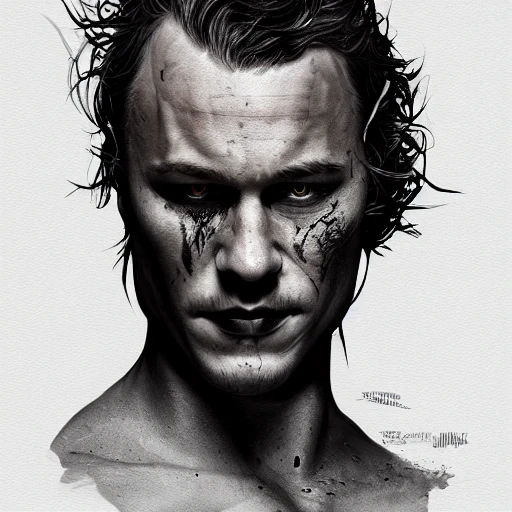 Heath Ledger half human half Venom movie character, accurate details, dramatic, intricate, elegant, highly detailed, digital painting, artstation, concept art, smooth, sharp focus, illustration, octane render, 