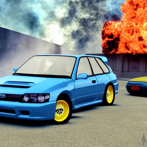 1999 Subaru Impreza 22B, city in flames the background of the future, in a space city of jupiter, stig in the front of the car dressed as luke skywalker, hyper real, unreal engine, hdr, blue car yellow lights
