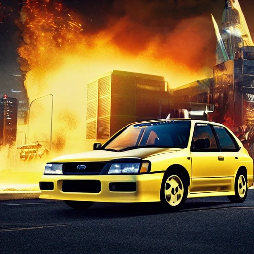 1999 Subaru Impreza 22B, city in flames the background of the future, in a space city of jupiter, stig in the front of the car dressed as luke skywalker, hyper real, unreal engine, hdr, blue car yellow lights
, 3D