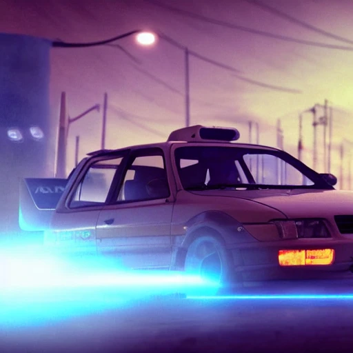 1999 Subaru Impreza 22B, city in flames the background of the future, in a space city of jupiter, stig in the front of the car dressed as luke skywalker, hyper real, unreal engine, hdr, blue car yellow lights