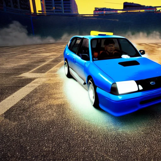 1999 Subaru Impreza 22B, city in flames the background of the future, in a space city of jupiter, stig in the front of the car dressed as luke skywalker, hyper real, unreal engine, hdr, blue car yellow lights, blue car. futuristic
