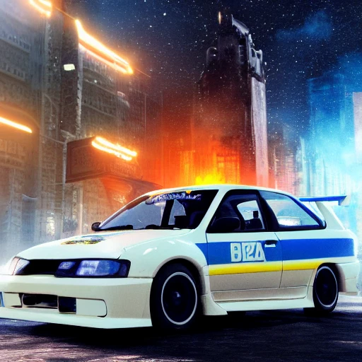 1999 Subaru Impreza 22B, city in flames the background of the future, in a space city of jupiter, stig in the front of the car dressed as luke skywalker, hyper real, unreal engine, hdr, blue car yellow lights