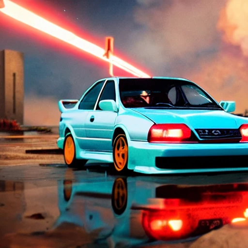 1999 Subaru Impreza 22B, city in flames the background of the future, in a space city of jupiter, stig in the front of the car dressed as luke skywalker, hyper real, unreal engine, hdr, blue car yellow lights, highly detailed, depth of field (or dof), 4k, 8k uhd, ultra realistic, studio quality. 