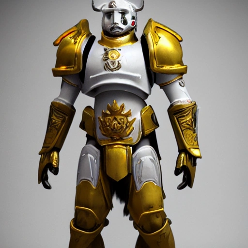 Full body photo of an anthropomorphic:: White Tiger in Primaris Armor, Mark X Power armour, golden glow, dramatic back lighting, emotive split lighting, cinematic lighting, intricate detail, ornate detail --v 4 --ar 2:3