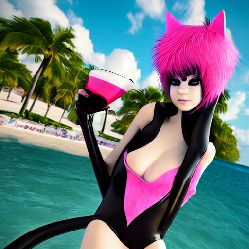 3d render, 3d, anime girl in a fursuit, fur suit fursona. Cat girl. Catsuit. Meow, emo girl, black and pink hair, two tone hair. Black cat, fursuit. Furry, fursuit cat girl** in the Bahamas, on a cruise drinking a cocktail. On the beach**, 3D