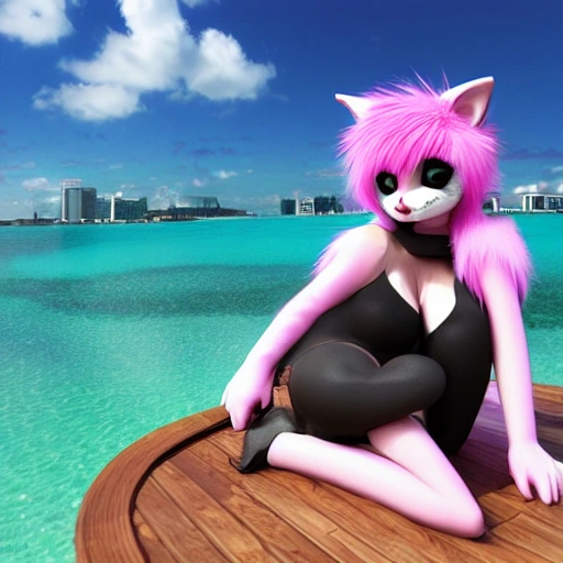 3d render, 3d, anime girl in a fursuit, fur suit fursona. Cat girl. Catsuit. Meow, emo girl, black and pink hair, two tone hair. Black cat, fursuit. Furry, fursuit cat girl** in the Bahamas, on a cruise drinking a cocktail. On the beach**