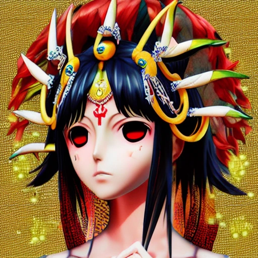 3d render, anime girl, beautiful anime girl, goddess Durga, junji itos Tomie,