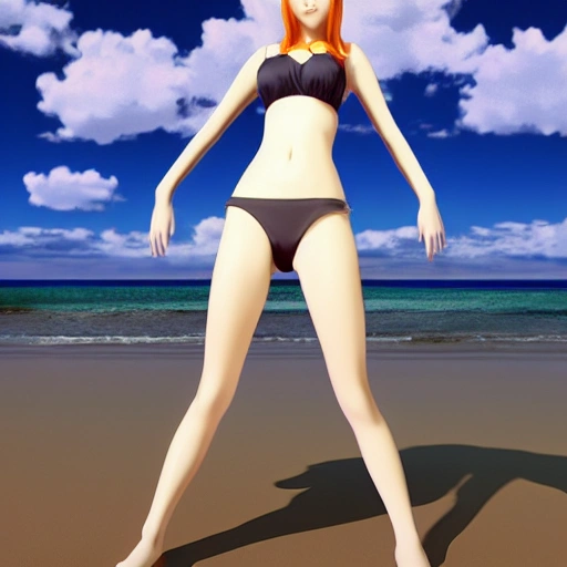 3d render, anime girl, beautiful anime girl, 70s anime illustration, 3d render anime, beach setting, woman at beach