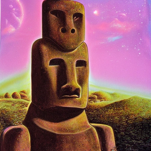 moai, airbrush illustration, scifi, 70s Scifi illustration, fantasy, colorful