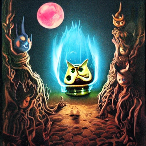Airbrush illustration, fantasy, scene from wickerman 1973, Furby, kawaii, glowing, hylics videogame