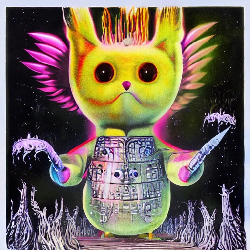 Airbrush illustration, fantasy, scene from wickerman 1973, Furby, kawaii, glowing, hylics videogame, surrealism