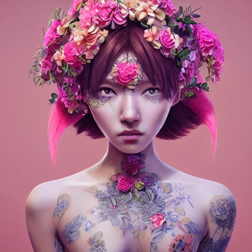 upper body shot, 1 beautiful woman, japanese, pretty face, perfect boobs, colorful flower pattern, detailed pink eyes, very detailed, intricate, olumetric lighting, surreal, concept art, award winning photography, octane rendering