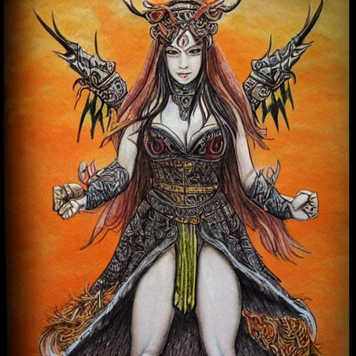 {{{colored ink pencil drawing of fantasy powerful thunder goddess of hell}, casting lightning spell with her hands, highly detailed, {hyperrealistic full body portrait of feminine valkyria}, overflowing energy, wearing long medieval dress, wearing medieval armor, wearing jewelry, illustrated, long hair, beautiful and detailed eyes, busty, voluptous body,  mysterious and seductive look, sharp focus, elegant, volumetric lighting, smooth, in style of hades videogame, thick black outlines, cartoony, anime, art by artgerm, art station, character art