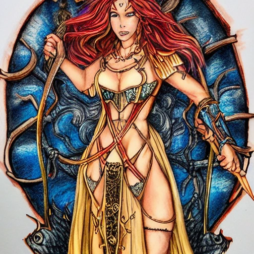 {{{colored ink pencil drawing of fantasy powerful thunder goddess of hell}, casting lightning spell with her hands, highly detailed, {hyperrealistic full body portrait of feminine valkyria with simple background}, overflowing energy, wearing long medieval dress, wearing medieval armor, wearing bone jewelry, illustrated, long hair, beautiful and detailed eyes, busty, voluptous body,  mysterious and seductive look, sharp focus, elegant, volumetric lighting, smooth, in style of hades videogame, thick black outlines, cartoony, anime, art by artgerm, art station, character art