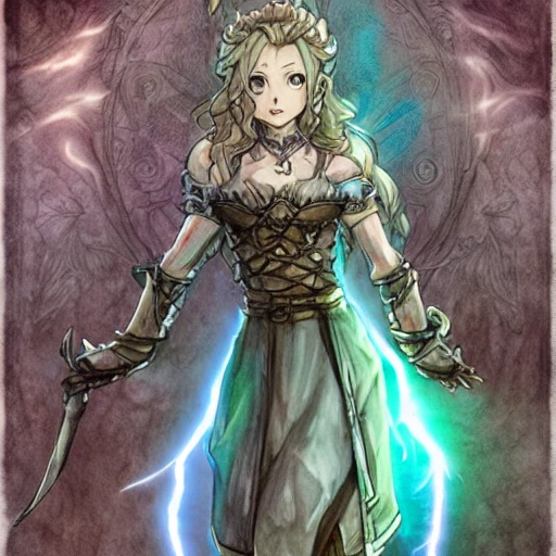 {{{octopath traveller style rpg character art of powerful fantasy thunder goddess who is casting a lightning spell with her hands}}}, highly detailed, {hyperrealistic waist up portrait of feminine valkyria with simple background drawn with color ink pencils}, overflowing energy, wearing long medieval dress, wearing medieval armor, wearing bone jewelry, illustrated, long hair, beautiful and detailed eyes, busty, voluptous body,  mysterious and seductive look, sharp focus, elegant, volumetric lighting, smooth, in style of octopath traveller videogame, thick black outlines, cartoony, anime, art by artgerm, art station, character art