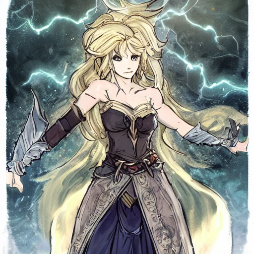 {{{octopath traveler style rpg character art of powerful fantasy thunder goddess who is casting a lightning spell with her hands}}}, highly detailed, {hyperrealistic waist up portrait of 30 years old feminine valkyria with simple background oil colors}, overflowing energy, wearing long medieval dress, wearing light medieval armor, wearing jewelry, illustrated, long hair, beautiful and detailed eyes, busty, voluptous body,  mysterious and seductive look, sharp focus, elegant, volumetric lighting, smooth, in style of octopath videogame character art, thick black outlines, cartoony, anime, art by artgerm, art station