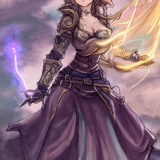 {{{octopath traveler style rpg character art of powerful fantasy thunder goddess who is casting a lightning spell with her hands}}}, highly detailed, {hyperrealistic waist up portrait of 30 years old feminine valkyria with simple background oil colors}, overflowing energy, wearing long medieval dress, wearing light medieval armor, wearing jewelry, illustrated, long hair, beautiful and detailed eyes, busty, voluptous body,  mysterious and seductive look, sharp focus, elegant, volumetric lighting, smooth, in style of octopath videogame character art, thick black outlines, cartoony, anime, art by artgerm, art station