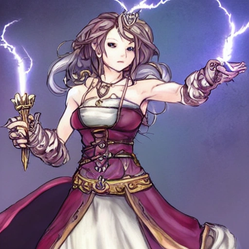 {{{octopath traveler style rpg character art of powerful fantasy thunder goddess who is casting a lightning spell with her hands}}}, highly detailed, {hyperrealistic waist up portrait of 30 years old feminine valkyria with simple background oil colors}, overflowing energy, wearing long medieval dress, wearing light medieval armor, wearing jewelry, illustrated, beautiful and detailed eyes, busty, voluptous body,  mysterious and seductive look, sharp focus, elegant, volumetric lighting, smooth, in style of videogame character art, thick black outlines, cartoony, anime, art by artgerm, art station