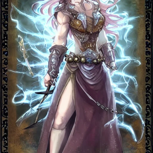 {{{octopath traveler style rpg character art of powerful fantasy thunder goddess who is casting a lightning spell with her hands}}}, highly detailed, {hyperrealistic waist up portrait of 30 years old feminine valkyria with simple background oil colors}, overflowing energy, wearing medieval dress, wearing light medieval armor, wearing jewelry, illustrated, beautiful and detailed eyes, busty, voluptous body,  mysterious and seductive look, sharp focus, elegant, volumetric lighting, smooth, in style of videogame character art, 1woman, thick black outlines, cartoony, anime, art by artgerm, trending artstation