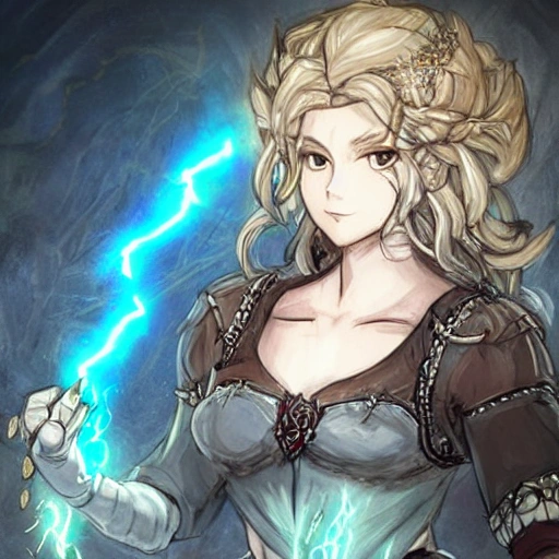 {{{octopath traveler style rpg character art of powerful dark fantasy thunder goddess who is casting a lightning spell with her hands}}}, highly detailed, {hyperrealistic waist up portrait of 30 years old feminine valkyria with simple background oil colors}, overflowing energy, wearing medieval dress, wearing light medieval armor, wearing jewelry, illustrated, beautiful and detailed eyes, busty, voluptous body,  mysterious and seductive look, sharp focus, elegant, volumetric lighting, smooth, in style of videogame character art, 1woman, thick black outlines, cartoony, anime, art by artgerm, trending artstation