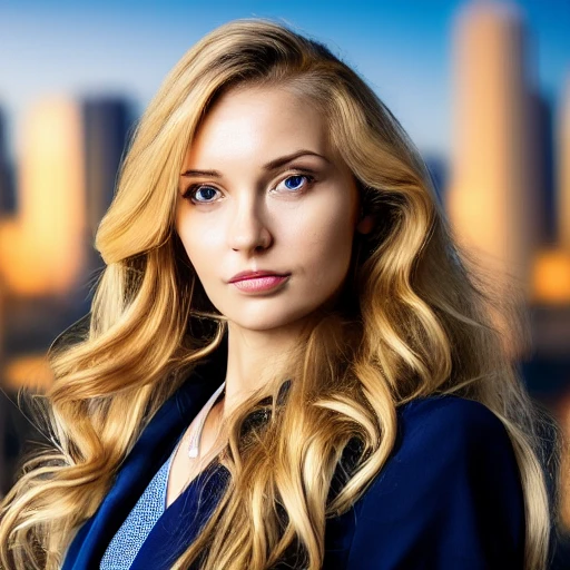 portrait of a pretty office lady, long wavy blond hair, in office suit, detailed face, looing at the viewer, offce buildings in the background, blurred background, sharp focus, intricate, photographic, award winning photograph, 8k wallpaper, professional studio llghting, trending on artstation