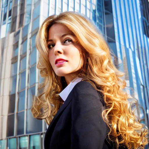 portrait of a pretty office lady, long wavy blond hair, in office suit, detailed face, looing at the viewer, offce buildings in the background, blurred background, sharp focus, intricate, photographic, award winning photograph, 8k wallpaper, professional studio llghting, trending on artstation