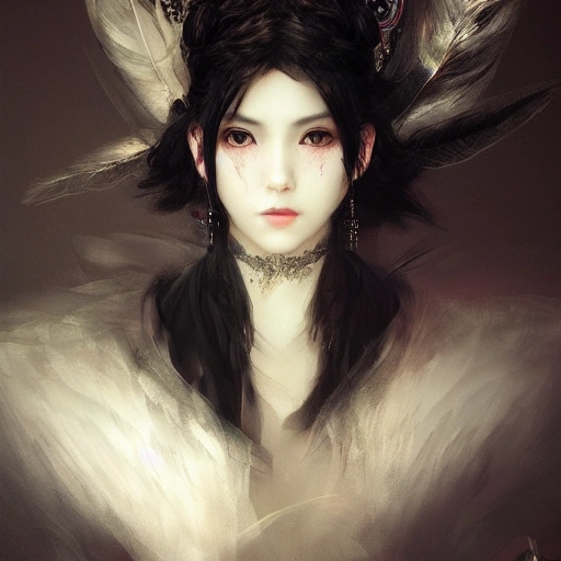 Ruan Jia, night, face with high detail, beautiful black hair, beautiful eyes with high detail, Japanese, fantasy costume, black feathers falling, 4K, light and shadow