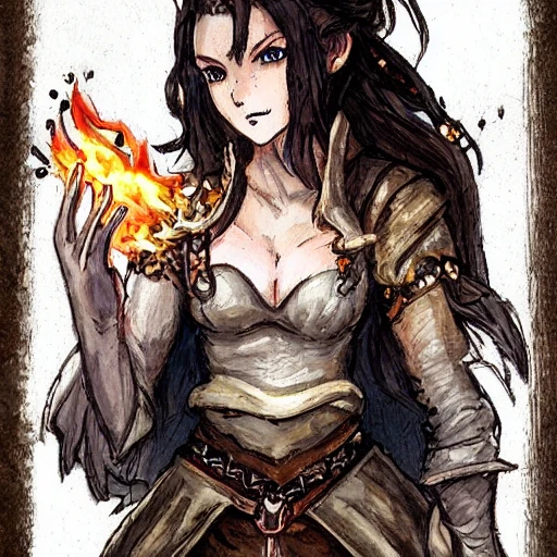 {{{octopath traveler style rpg character art of powerful dark fantasy mage woman who is casting a fire spell with her hands}}}, highly detailed, {hyperrealistic waist up portrait of 20 years old warrior princess with simple background oil colors}, overflowing energy, dark hair color, wearing medieval dress, wearing light medieval armor, wearing jewelry, illustrated, beautiful and detailed eyes, busty, voluptous body,  mysterious and seductive look, sharp focus, elegant, volumetric lighting, smooth, in style of videogame character art, 1woman, thick black outlines, cartoony, anime, art by artgerm, trending artstation