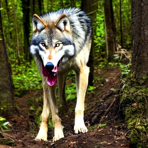 wolf, clenched teeth, dark jungle, stand on four legs, dropping lar, red eye