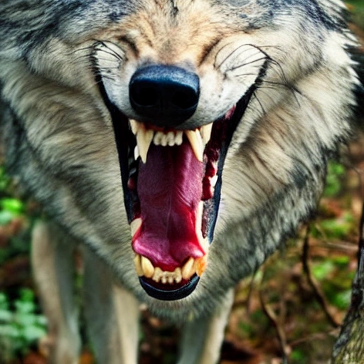 angry wolf, clenched teeth, dark jungle, stand on four legs, red eye