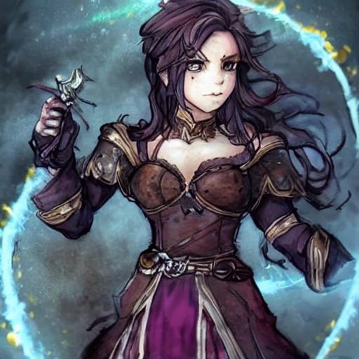 {{{octopath traveler style rpg character art of powerful dark fantasy mage woman who is casting a fire spell with her hands}}}, highly detailed, {hyperrealistic waist up portrait of 28 years old warrior princess with simple background oil colors}, overflowing energy, dark hair color, wearing medieval dress, wearing light medieval armor, wearing jewelry, illustrated, beautiful and detailed eyes, busty, voluptous body,  mysterious and seductive look, sharp focus, elegant, volumetric lighting, smooth, in style of hades videogame character art, 1woman, thick black outlines, cartoony, anime, art by artgerm, trending artstation