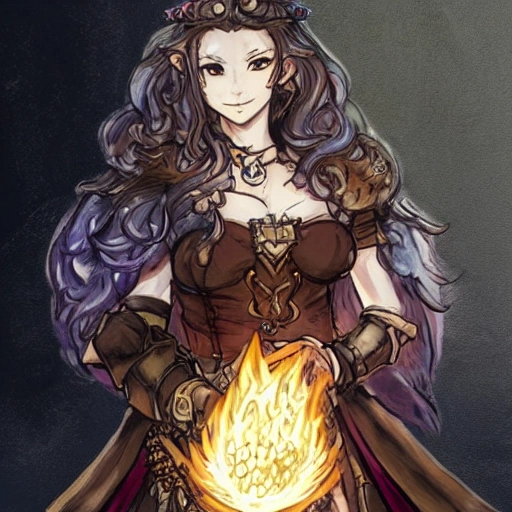 {{{octopath traveler style rpg character art of powerful fantasy mage woman who is casting a fire spell with her hands}}}, highly detailed, {hyperrealistic waist up portrait of 40 years old warrior princess with simple background oil colors}, overflowing energy, dark hair color, wearing medieval dress, wearing light medieval armor, wearing jewelry, illustrated, beautiful and detailed eyes, busty, voluptous body,  mysterious and seductive look, sharp focus, elegant, volumetric lighting, smooth, in style of hades videogame character art, 1woman, thick black outlines, cartoony, anime, art by artgerm, trending artstation