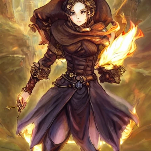 {{{octopath traveler style rpg character art of powerful fantasy mage woman who is casting a fire spell with her hands}}}, highly detailed, {hyperrealistic waist up portrait of 40 years old warrior princess with simple background oil colors}, overflowing energy, dark hair color, wearing medieval dress, wearing light medieval leather armor, wearing jewelry, illustrated, beautiful and detailed eyes, busty, voluptous body,  mysterious and seductive look, sharp focus, elegant, volumetric lighting, smooth, in style of hades videogame character art, 1woman, thick black outlines, cartoony, anime, art by artgerm, trending artstation