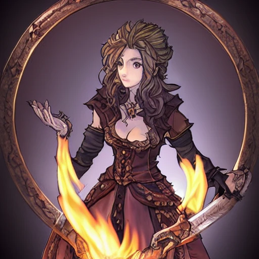 {{{octopath traveler style rpg character art of powerful fantasy flame goddess who is casting a fire spell with her hands}}}, highly detailed, {hyperrealistic waist up portrait of 40 years old magical warrior lady with simple background oil colors}, overflowing energy, dark hair color, wearing medieval dress, wearing light medieval leather armor, wearing jewelry, illustrated, beautiful and detailed eyes, busty, voluptous body,  mysterious and seductive look, sharp focus, elegant, volumetric lighting, smooth, in style of hades videogame character art, 1woman, thick black outlines, cartoony, anime, art by artgerm, trending artstation