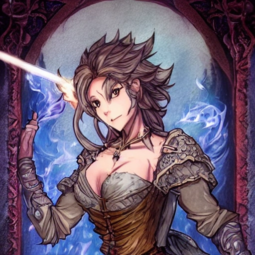 {{{octopath traveler style rpg character art of powerful fantasy flame goddess who is casting a fire spell with her hands}}}, highly detailed, {hyperrealistic waist up portrait of 40 years old magical warrior lady with simple background oil colors}, overflowing energy, dark hair color, wearing medieval dress, wearing light medieval leather armor, wearing jewelry, illustrated, beautiful and detailed eyes, busty, voluptous body,  mysterious and seductive look, sharp focus, elegant, volumetric lighting, smooth, in style of hades videogame character art, 1woman, thick black outlines, cartoony, anime, art by artgerm, trending artstation