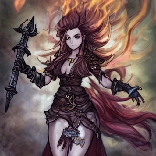 {{{octopath traveler style rpg character art of powerful fantasy flame goddess who is casting a fire spell with her hands}}}, highly detailed, {hyperrealistic waist up portrait of 40 years old magical warrior lady with simple background oil colors}, overflowing energy, dark hair color, wearing light medieval leather armor, wearing jewelry, illustrated, beautiful and detailed eyes, busty, voluptous body,  mysterious and seductive look, sharp focus, elegant, volumetric lighting, smooth, in style of hades videogame character art, 1woman, thick black outlines, cartoony, anime, art by artgerm, trending artstation